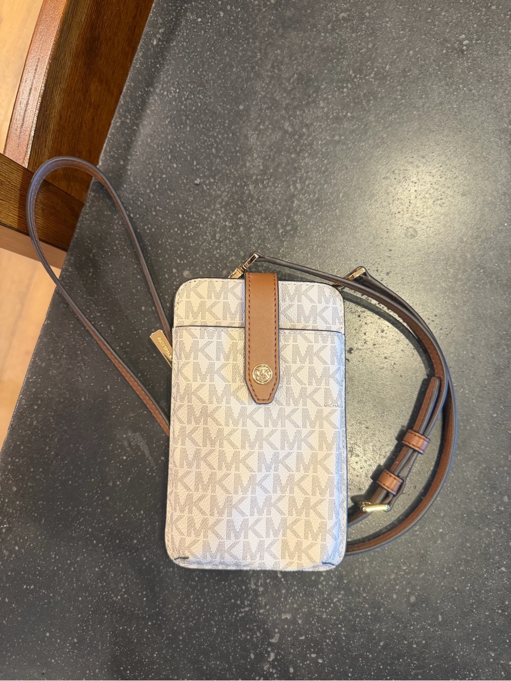 Michael Kors Beige Signature MK Crossbody Phone Pouch with Brown Trim